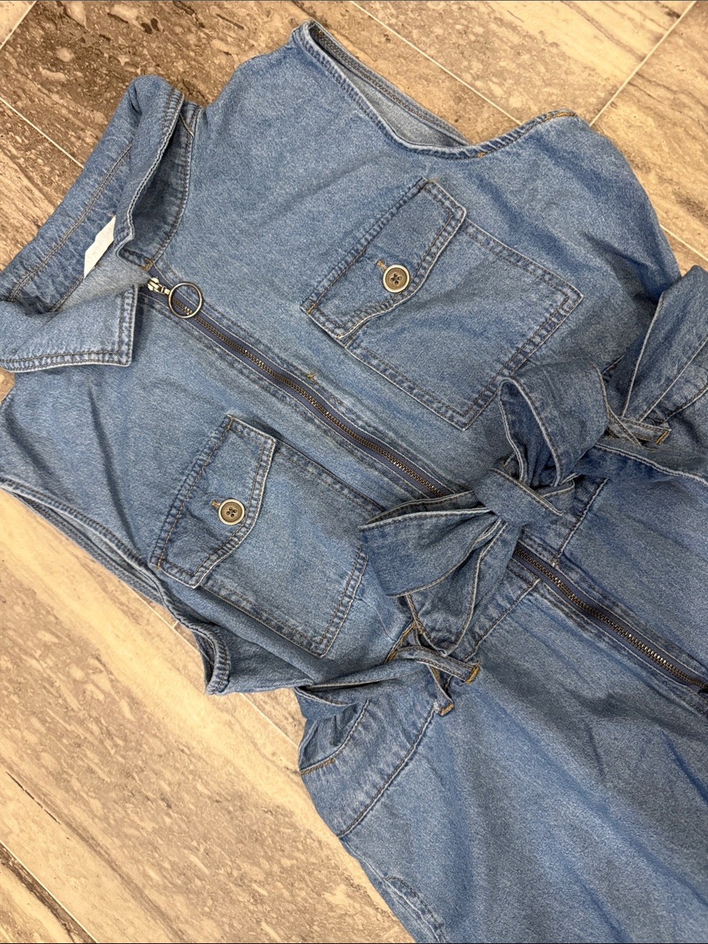 Casual Blue Denim Women's Overalls with Front Zip & Waist Tie